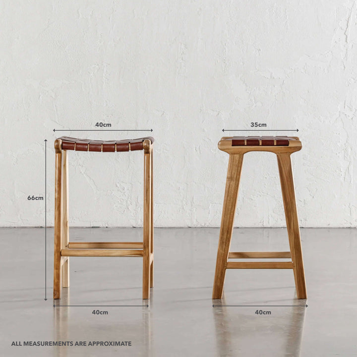 MALAND WOVEN LEATHER COUNTER STOOL  |  TAN LEATHER HIDE | MEASUREMENTS