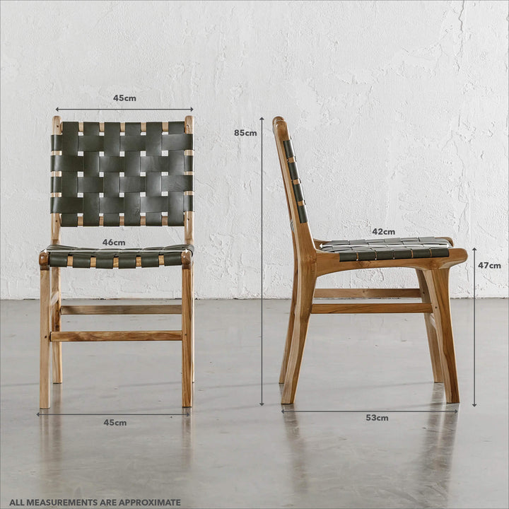 MALAND WOVEN LEATHER DINING CHAIR | OLIVE LEATHER | MEASUREMENTS