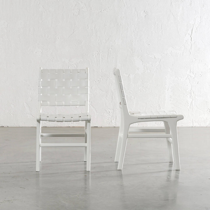 MALAND WOVEN LEATHER DINING CHAIR | WHITE ON WHITE LEATHER HIDE