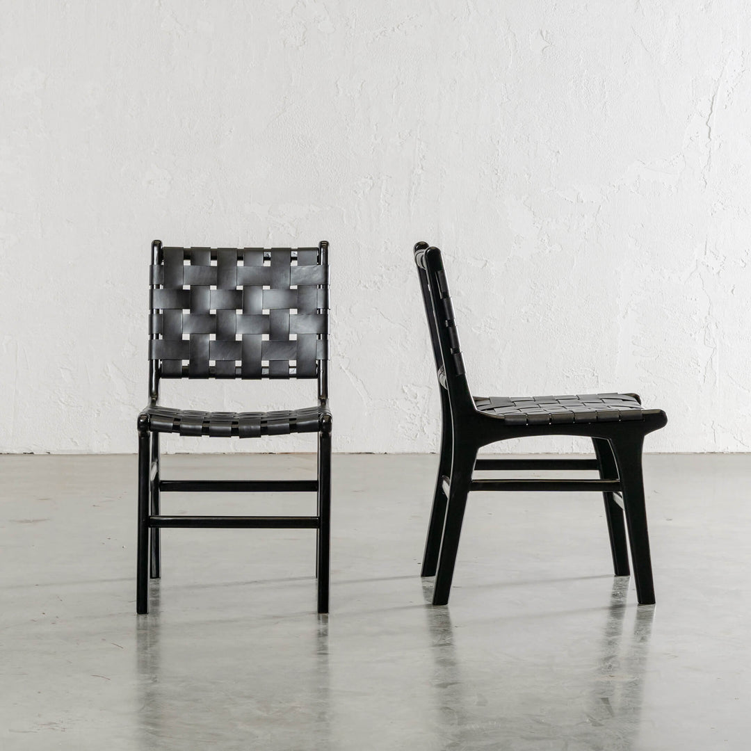 MALAND WOVEN LEATHER DINING CHAIR  |  BLACK ON BLACK FRAME