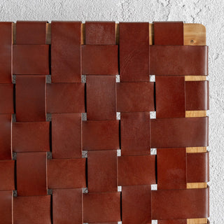 MALAND WOVEN LEATHER BEDHEAD  |  TAN LEATHER HIDE CLOSE UP