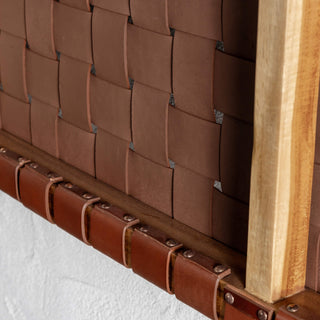 MALAND WOVEN LEATHER BEDHEAD  |  TAN LEATHER HIDE BACK VIEW CLOSE UP