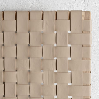 MALAND WOVEN LEATHER BEDHEAD  |  TOASTED ALMOND LEATHER HIDE  + BLONDE WOOD CLOSEUP