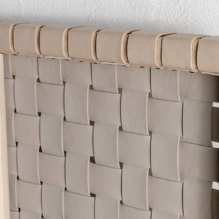 MALAND WOVEN LEATHER BEDHEAD  |  TOASTED ALMOND LEATHER HIDE  + BLONDE WOOD BACK VIEW CLOSE UP
