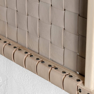 MALAND WOVEN LEATHER BEDHEAD  |  TOASTED ALMOND LEATHER HIDE  + BLONDE WOOD BACK VIEW CLOSE UP