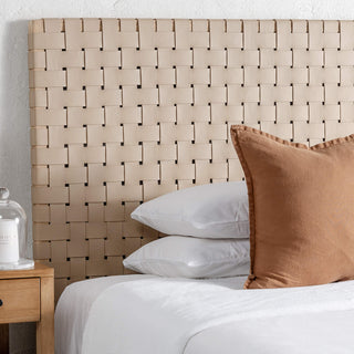 MALAND WOVEN LEATHER BEDHEAD  |  TOASTED ALMOND LEATHER HIDE  + BLONDE WOOD CLOSE UP