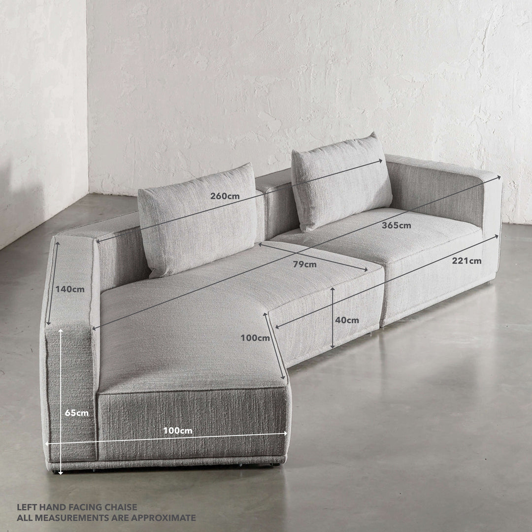 MALONNO MODULAR CHAISE LOUNGE SOFA  |  ANISEED ASH GREY | LEFT HAND MEASUREMENTS