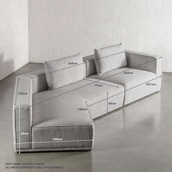 MALONNO MODULAR CHAISE LOUNGE SOFA  |  ANISEED ASH GREY | LEFT HAND MEASUREMENTS