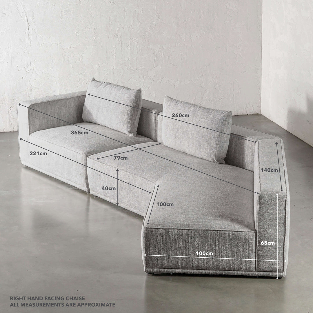 MALONNO MODULAR CHAISE LOUNGE SOFA  |  ANISEED ASH GREY | RIGHT HAND MEASUREMENTS