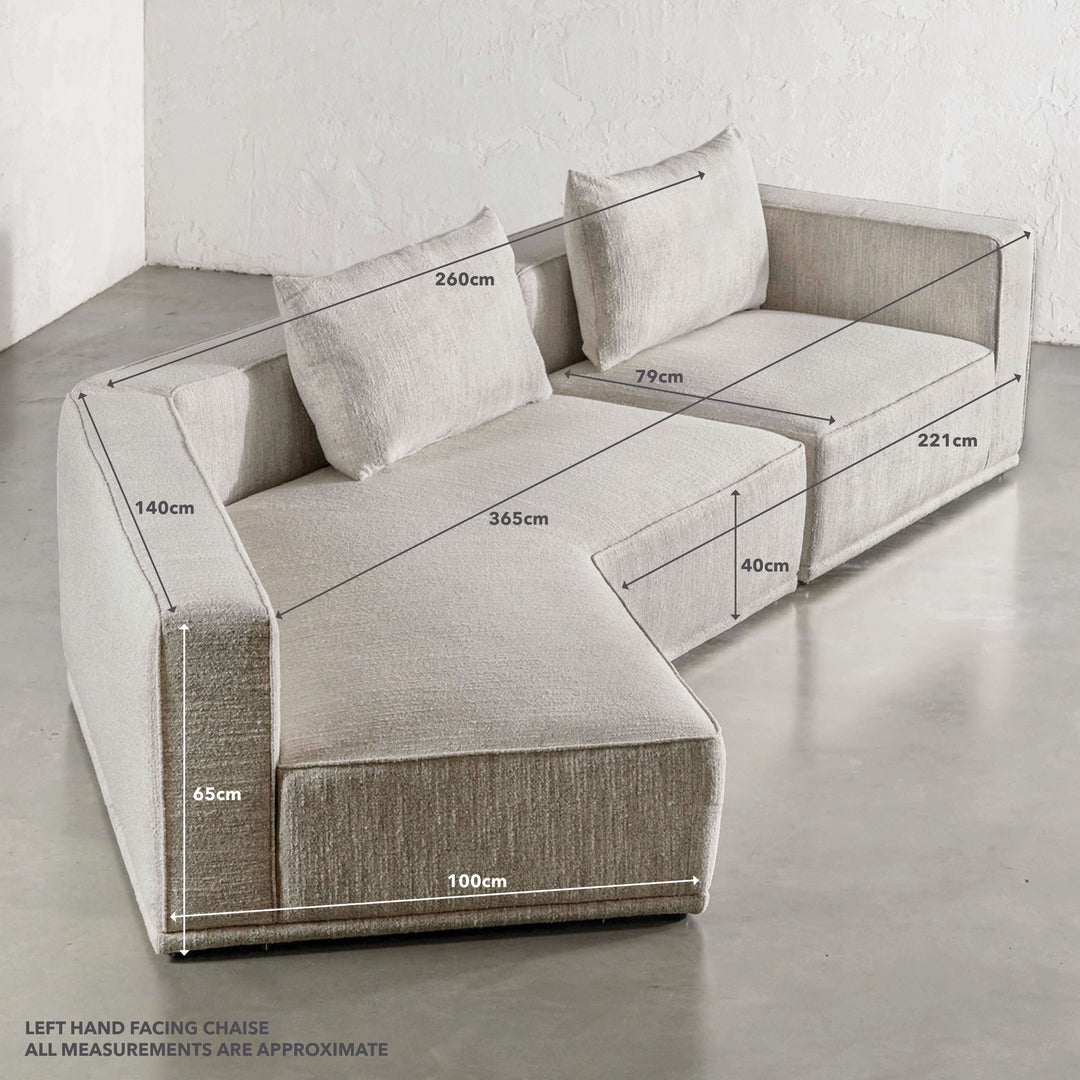MALONNO MODULAR CHAISE LOUNGE SOFA  |  COCONUT HUSK HAZE | LEFT HAND MEASUREMENTS