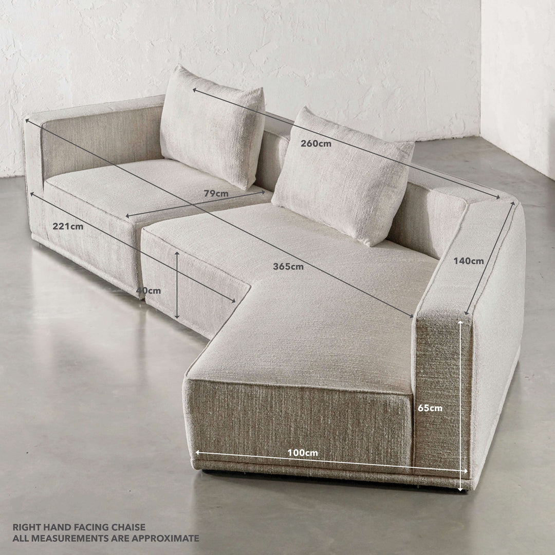 MALONNO MODULAR CHAISE LOUNGE SOFA  |  COCONUT HUSK HAZE | RIGHT HAND MEASUREMENTS