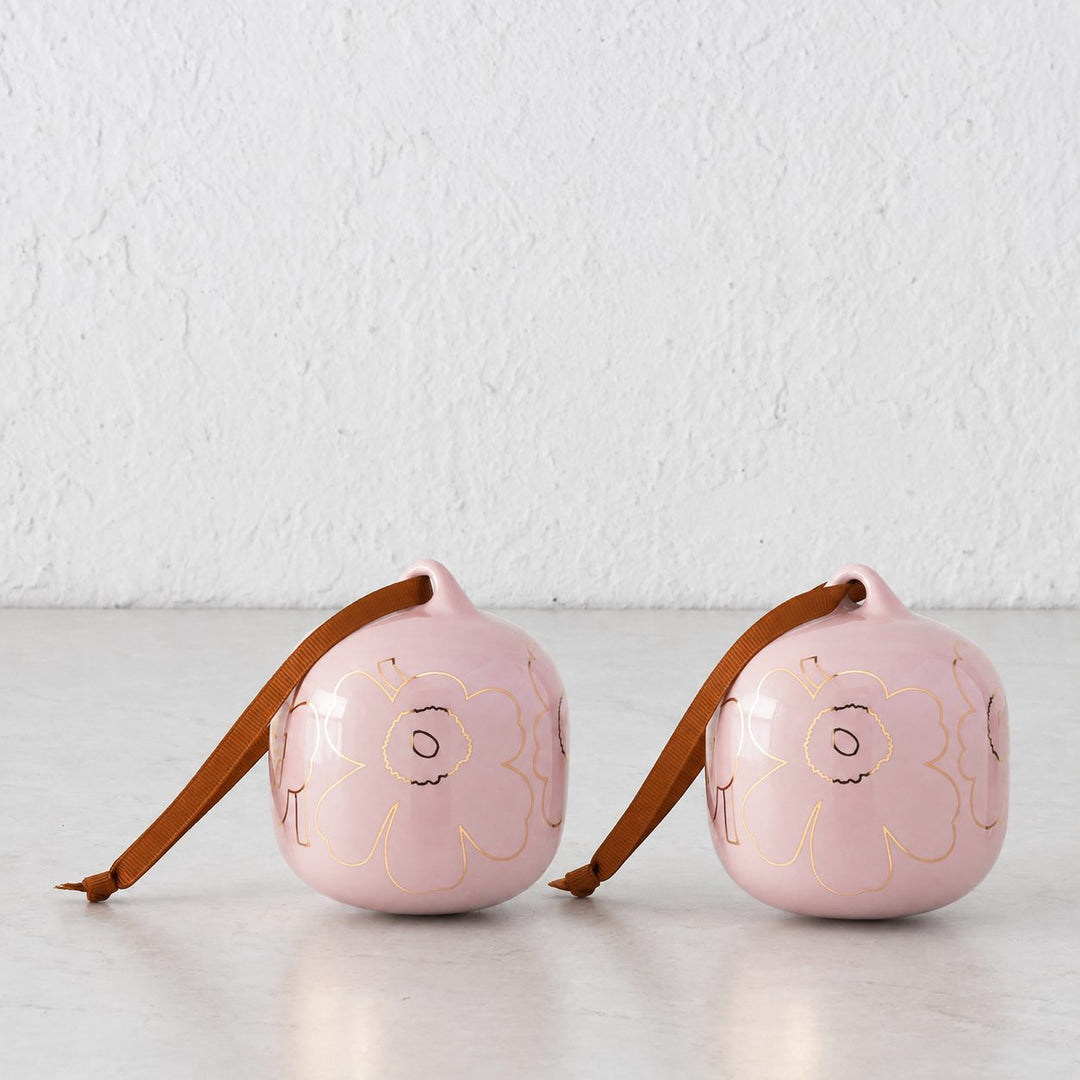MARIMEKKO  |  UNIKKO COLLECTABLE CERAMIC CHRISTMAS HANGING BAUBLES  |  PINK + GOLD GLAZE