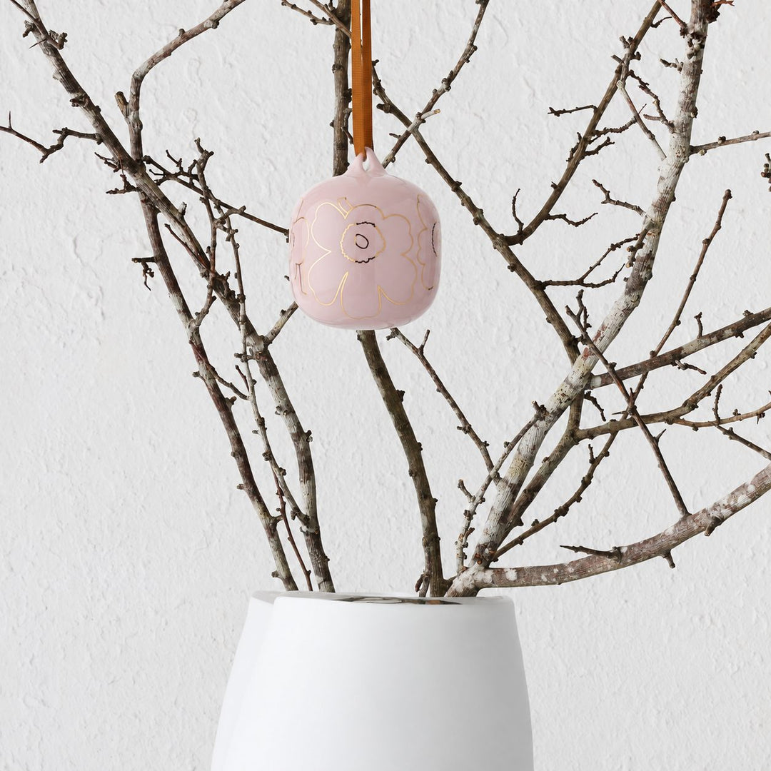 MARIMEKKO  |  UNIKKO COLLECTABLE CERAMIC CHRISTMAS HANGING BAUBLES  |  PINK + GOLD GLAZE