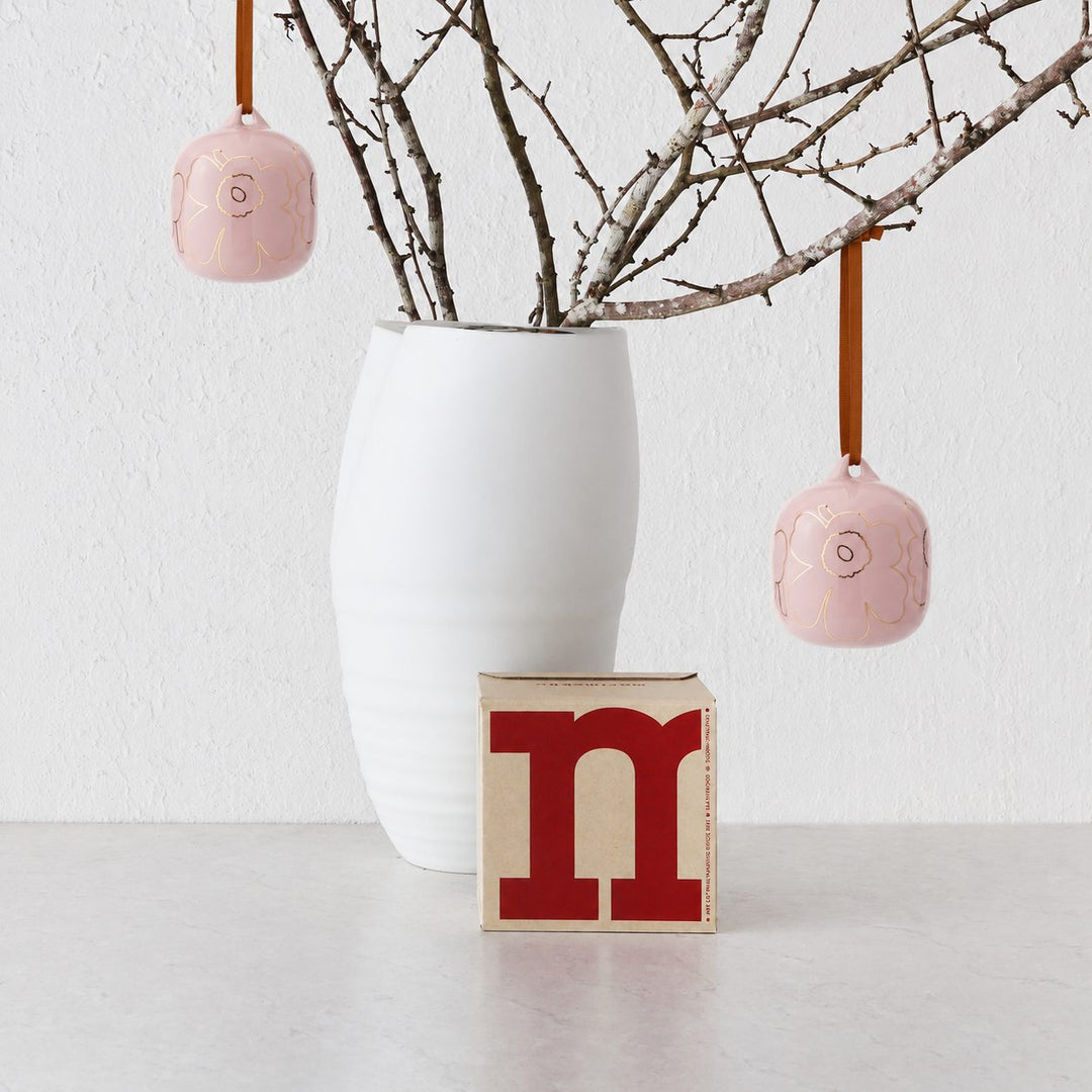 MARIMEKKO  |  UNIKKO COLLECTABLE CERAMIC CHRISTMAS HANGING BAUBLES  |  PINK + GOLD GLAZE