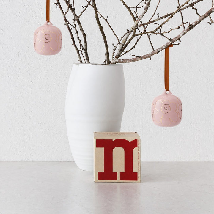 MARIMEKKO  |  UNIKKO COLLECTABLE CERAMIC CHRISTMAS HANGING BAUBLES  |  PINK + GOLD GLAZE