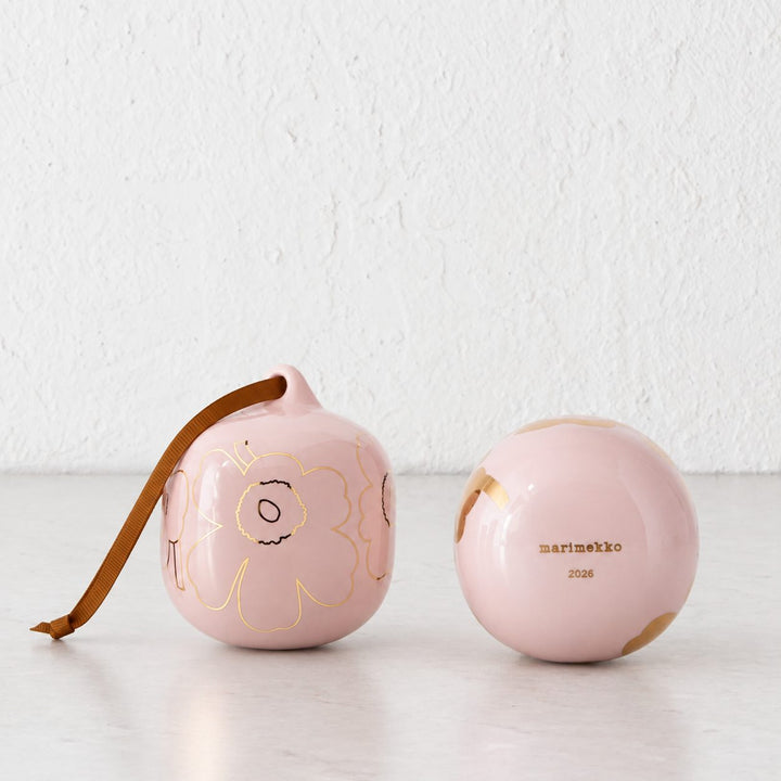 MARIMEKKO  |  UNIKKO COLLECTABLE CERAMIC CHRISTMAS HANGING BAUBLES  |  PINK + GOLD GLAZE
