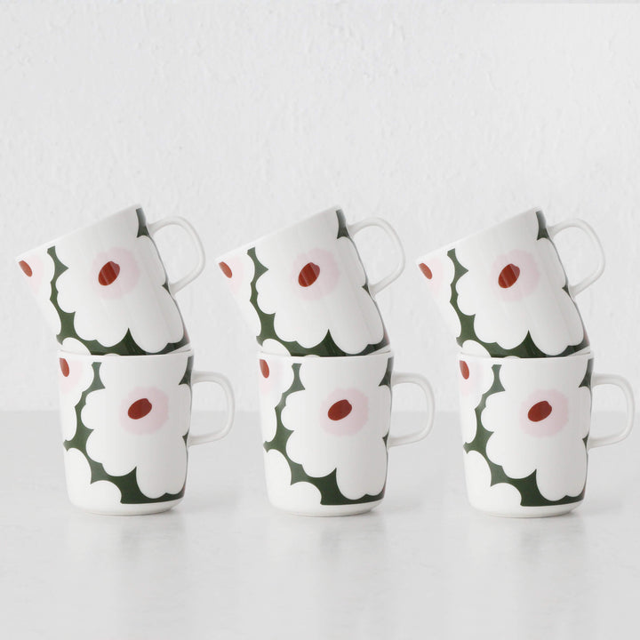 MARIMEKKO  |  UNIKKO COFFEE MUG 2.5DL  |  DARK GREEN + LIGHT PINK + WHITE  |  BUNDLE X6