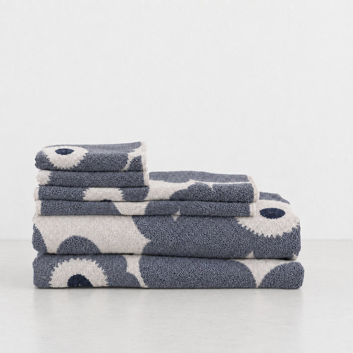 MARIMEKKO UNIKKO BATH TOWEL SETS  |  OFF WHITE + INDIGO DENIM