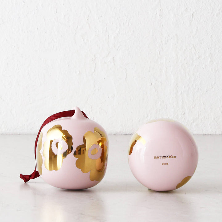 MARIMEKKO  |  UNIKKO COLLECTABLE CERAMIC CHRISTMAS HANGING BAUBLE  |  PINK + GOLD GLAZE