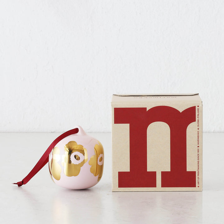MARIMEKKO  |  UNIKKO COLLECTABLE CERAMIC CHRISTMAS HANGING BAUBLE  |  PINK + GOLD GLAZE