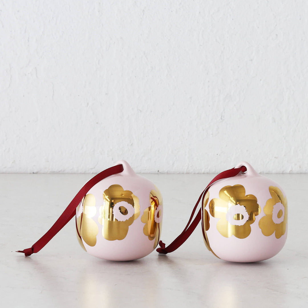 MARIMEKKO  |  UNIKKO COLLECTABLE CERAMIC CHRISTMAS HANGING BAUBLE BUNDLEX2  |  PINK + GOLD GLAZE
