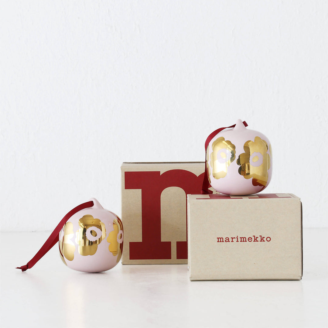 MARIMEKKO  |  UNIKKO COLLECTABLE CERAMIC CHRISTMAS HANGING BAUBLE BUNDLEX2  |  PINK + GOLD GLAZE