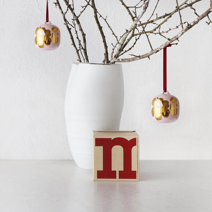 MARIMEKKO  |  UNIKKO COLLECTABLE CERAMIC CHRISTMAS HANGING BAUBLE BUNDLEX2  |  PINK + GOLD GLAZE