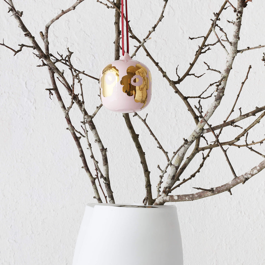 MARIMEKKO  |  UNIKKO COLLECTABLE CERAMIC CHRISTMAS HANGING BAUBLE  |  PINK + GOLD GLAZE