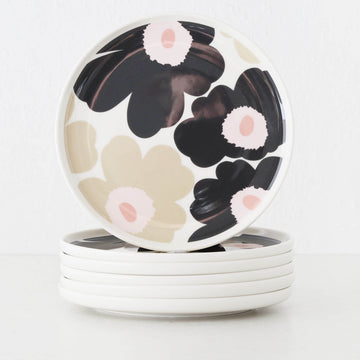 MARIMEKKO  |  UNIKKO OIVA PLATE 20CM BUNDLE X6  |  OFF WHITE + CHARCOAL + SAND + PINK