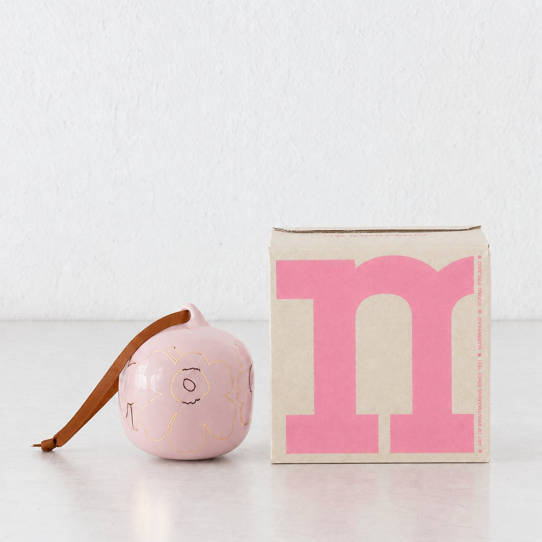 MARIMEKKO  |  UNIKKO COLLECTABLE CERAMIC CHRISTMAS HANGING BAUBLES  |  PINK + GOLD GLAZE