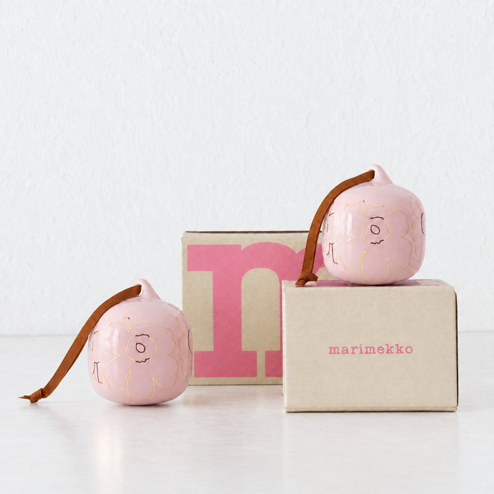 MARIMEKKO  |  UNIKKO COLLECTABLE CERAMIC CHRISTMAS HANGING BAUBLES  |  PINK + GOLD GLAZE