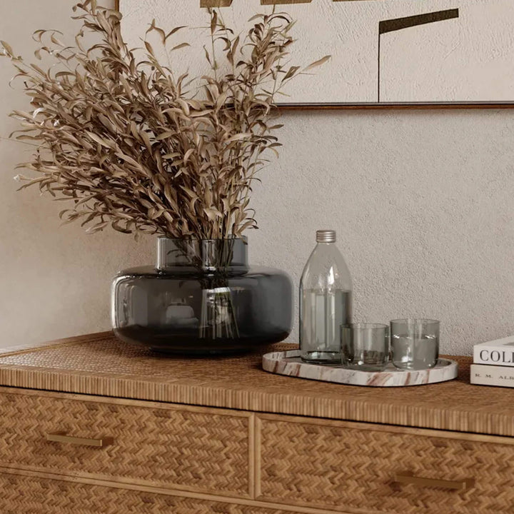 MARIMEKKO___URNA_GLASS_VASE___SMOKE_GREY_SAN_AUGUSTINE_RATTAN_HERRING_WEAVE___CHEST_OF_DRAWERS___NATURAL_RATTAN_3