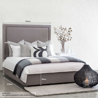 MARLE BED WITH STUDDED SQUARE FRAME  |  GREY LINEN | KING MEASUREMENTS