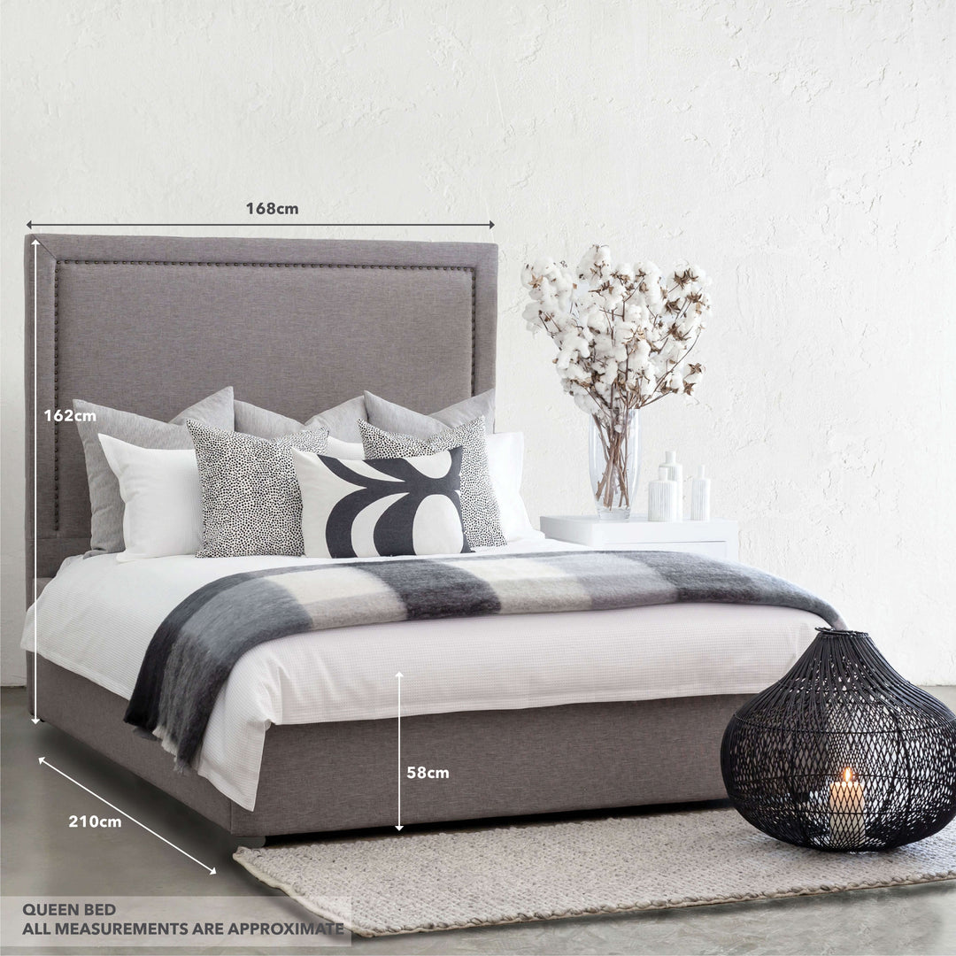 MARLE BED WITH STUDDED SQUARE FRAME  |  GREY LINEN | QUEEN MEASUREMENTS