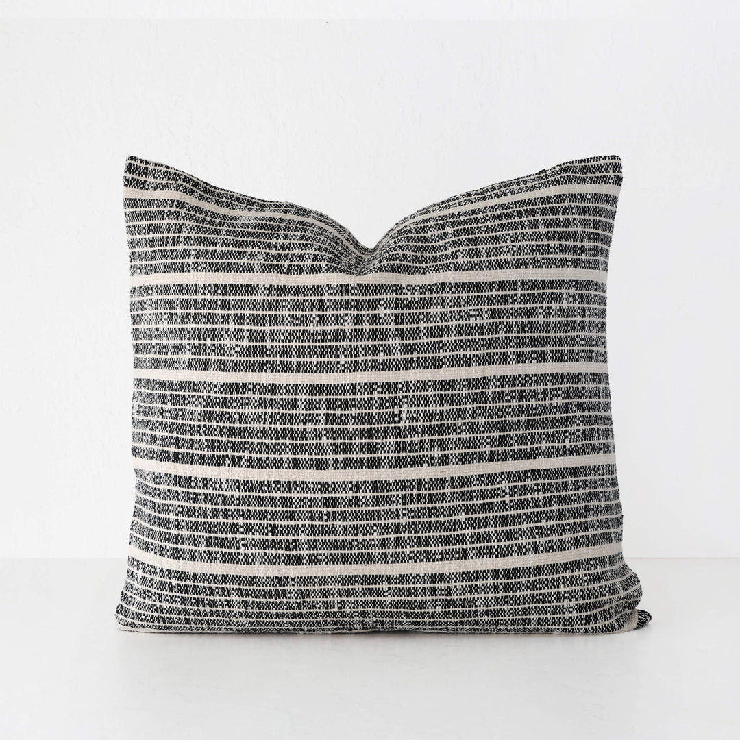 MARZANO HAND WOVEN CUSHION  |  BLACK NOIR + NATURAL STRIPE  |  50X50