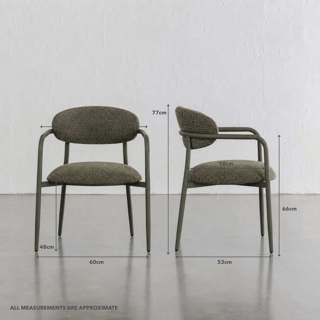 MAUBEC FABRIC DINING CHAIR  |  BANKSIA LEAF GREEN + GREEN FRAME | MEASUREMENTS