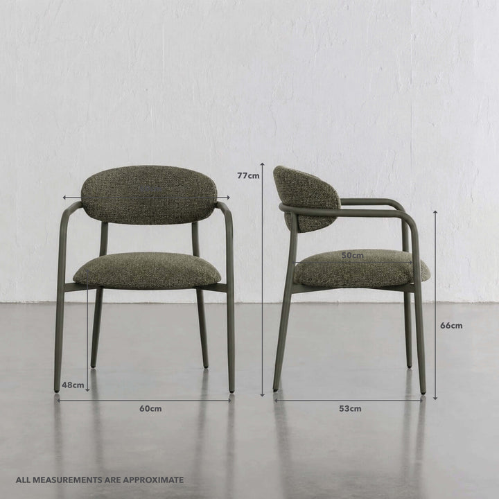 MAUBEC FABRIC DINING CHAIR  |  BANKSIA LEAF GREEN + GREEN FRAME | MEASUREMENTS