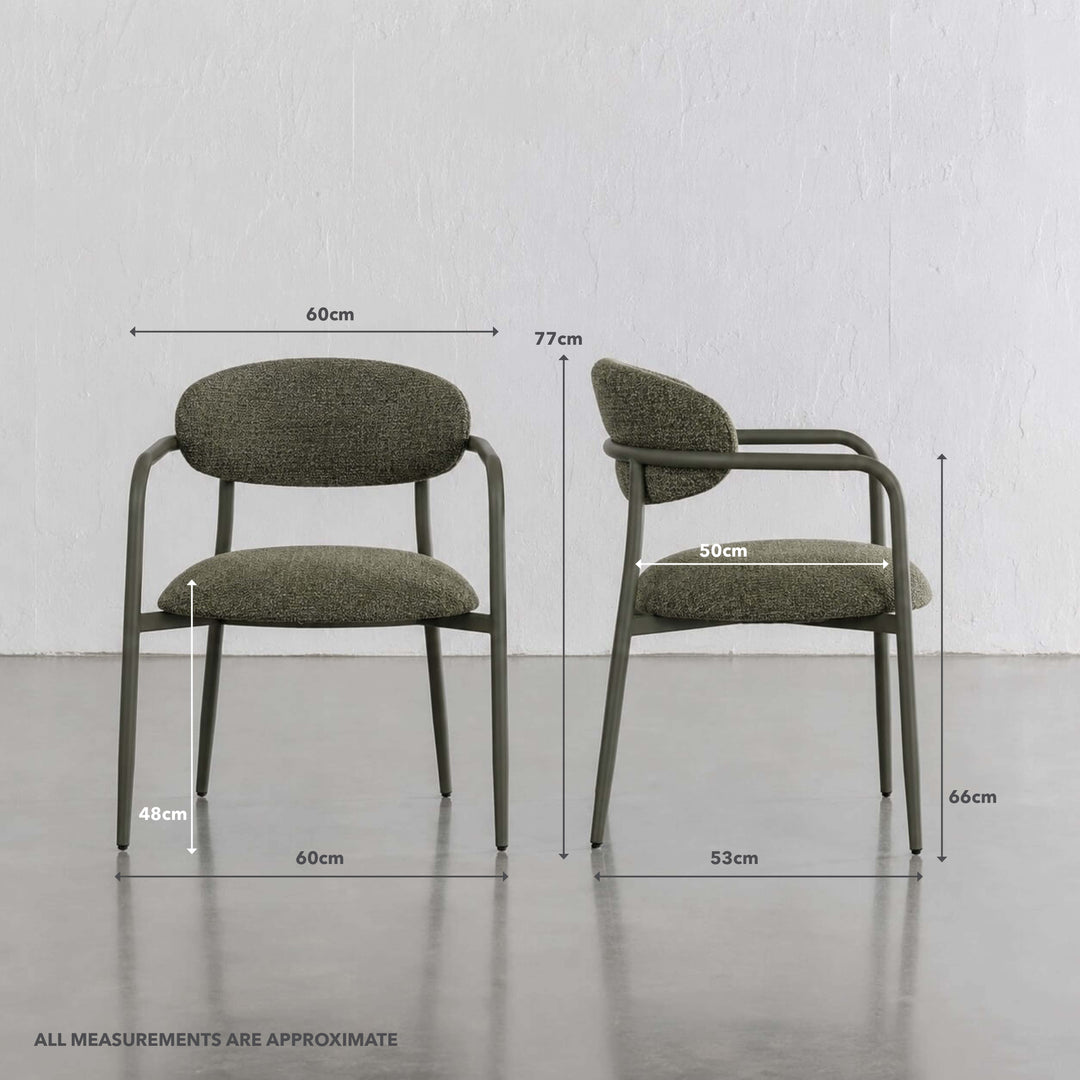 MAUBEC FABRIC DINING CHAIR  |  BANKSIA LEAF GREEN + GREEN FRAME | MEASUREMENTS