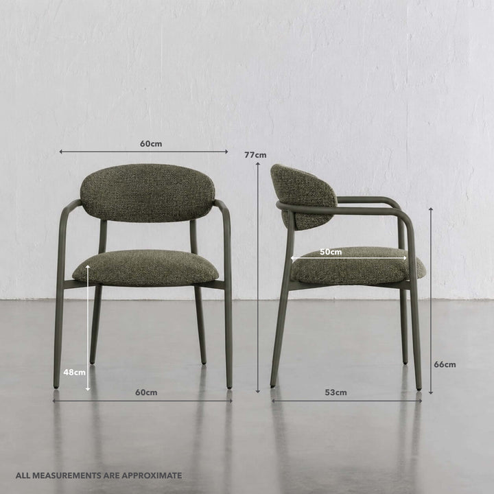 MAUBEC FABRIC DINING CHAIR  |  BANKSIA LEAF GREEN + GREEN FRAME | MEASUREMENTS