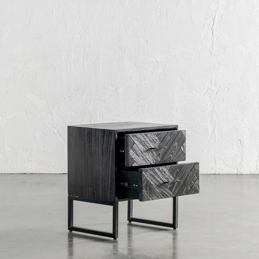 MAXIM PARQUETRY HERRINGBONE BEDSIDE TABLE | 2 DRAWERS | BLACK