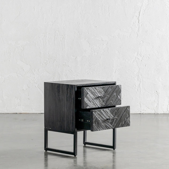 MAXIM PARQUETRY HERRINGBONE BEDSIDE TABLE | 2 DRAWERS | BLACK