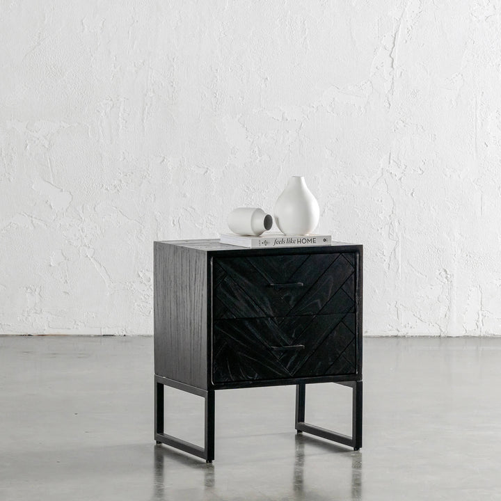 MAXIM PARQUETRY HERRINGBONE BEDSIDE TABLE | 2 DRAWERS | BLACK