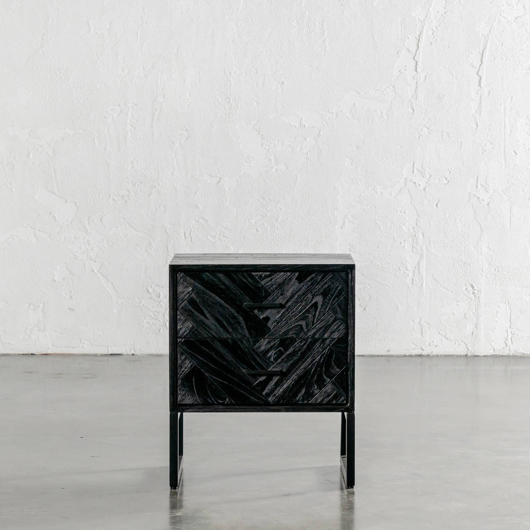 MAXIM PARQUETRY HERRINGBONE BEDSIDE TABLE | 2 DRAWERS | BLACK