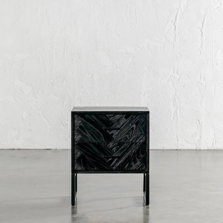 MAXIM PARQUETRY HERRINGBONE BEDSIDE TABLE | 2 DRAWERS | BLACK