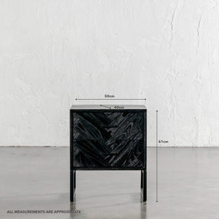 MAXIM PARQUETRY HERRINGBONE BEDSIDE TABLE | 2 DRAWERS | BLACK | MEASUREMENTS