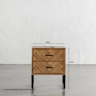 MAXIM PARQUETRY HERRINGBONE BEDSIDE TABLE | 2 DRAWERS | MEASUREMENTS