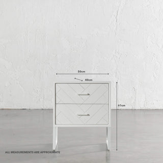 MAXIM PARQUETRY HERRINGBONE BEDSIDE TABLE | 2 DRAWERS | WHITE | MEASUREMENTS