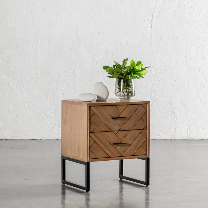 MAXIM PARQUETRY HERRINGBONE BEDSIDE TABLE  | 2 DRAWERS