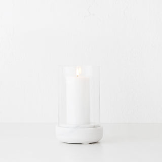 MIRAMALFI HURRICANE CANDLE HOLDER  |  MEDIUM  |  GLASS + WHITE MARBLE