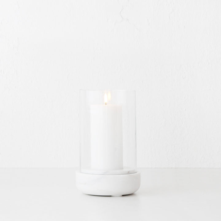 MIRAMALFI HURRICANE CANDLE HOLDER  |  MEDIUM  |  GLASS + WHITE MARBLE